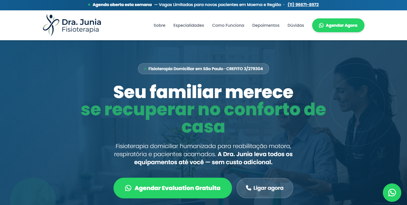 Captura da página inicial do site Dra. Junia Fisioterapia
